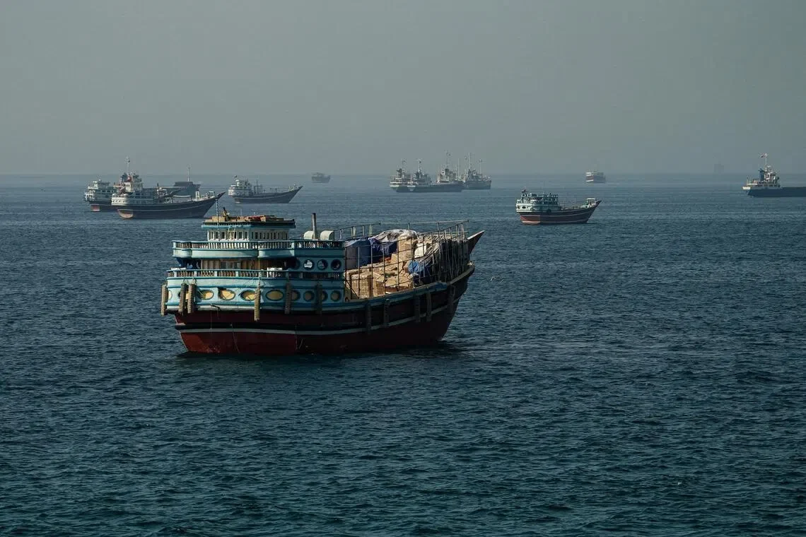Vessels anchored in the Strait of Hormuz, as seen from Musandam, Oman